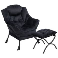 Fåtölj med Fotpall, HollyHOME Fåtölj Relax Fåtölj Vardagsrum, Läsfåtölj Sovrum Bekväma Fåtölj Sammet, Accentstol Fåtölj Soffa i Stål, Svart