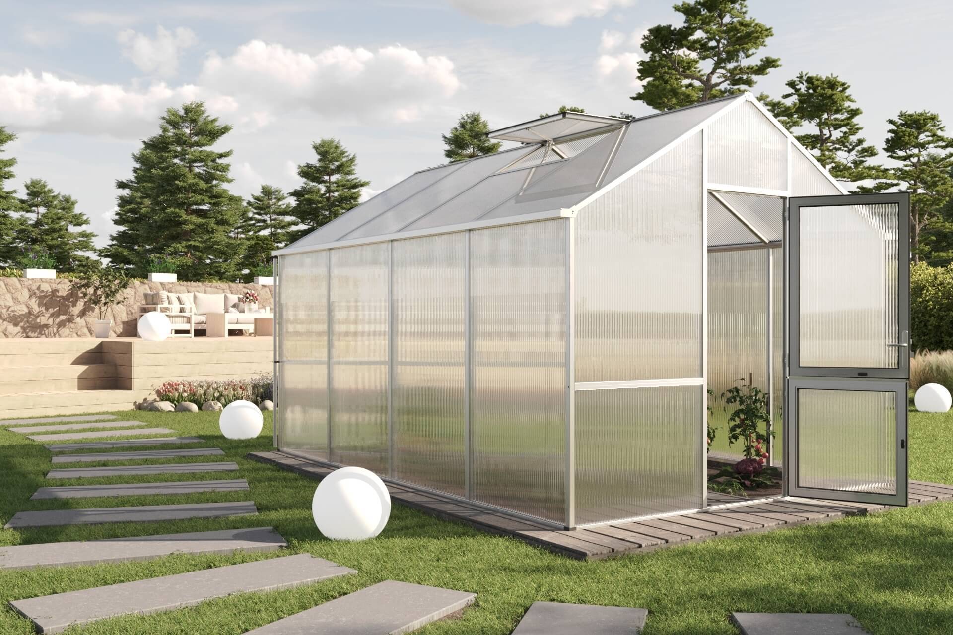 Isolerat växthus 12,7 kvm | 16 mm kanalplast – KGT Dahlie IV Alu - Natur (Aluminium)