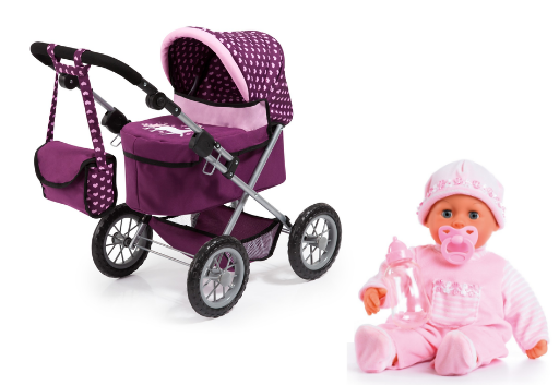 Bayer – Dukkevogn Trendy Lilla + Dukke First Words Baby Soft Pink 38 cm - Fri fragt og klar til levering - Prismatch