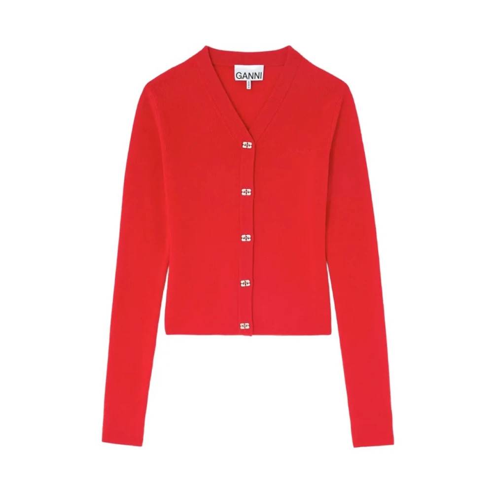 Ganni - Mini Ribbstickad Merinoull Cardigan Stickade Tröjor - Dam - L -