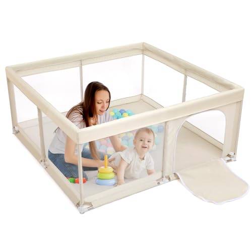 BEJOY Babypark, 150 cm kompakt och hållbar, skumskydd, halkfri, transparent andningsbart nät, rund dragkedja, säker lekpark för spädbarn och småbarn, inomhus