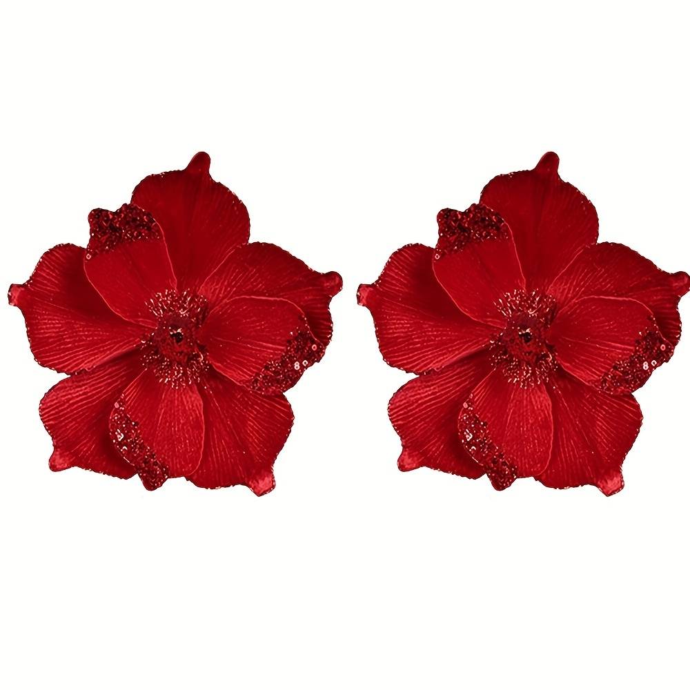 Set Of 2 Artificial Poinsettia Flowers For Christmas Decoration, Featuring Glittery Ornaments For Trees And Wreaths, Perfect For Holiday Parties And Home Decor.