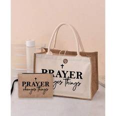 "Prayer Changes Things" Mönster Strandväska Set För Damer, Canvasväska För Strandaccessoarer, Med Dam Strandhatt Dam Kakifärgad Vågig Strandhatt, För - Multifärgad (Stor väska + liten väska,Liten väska (exklusive stor väska),Stor väska (exklusive liten väska))
