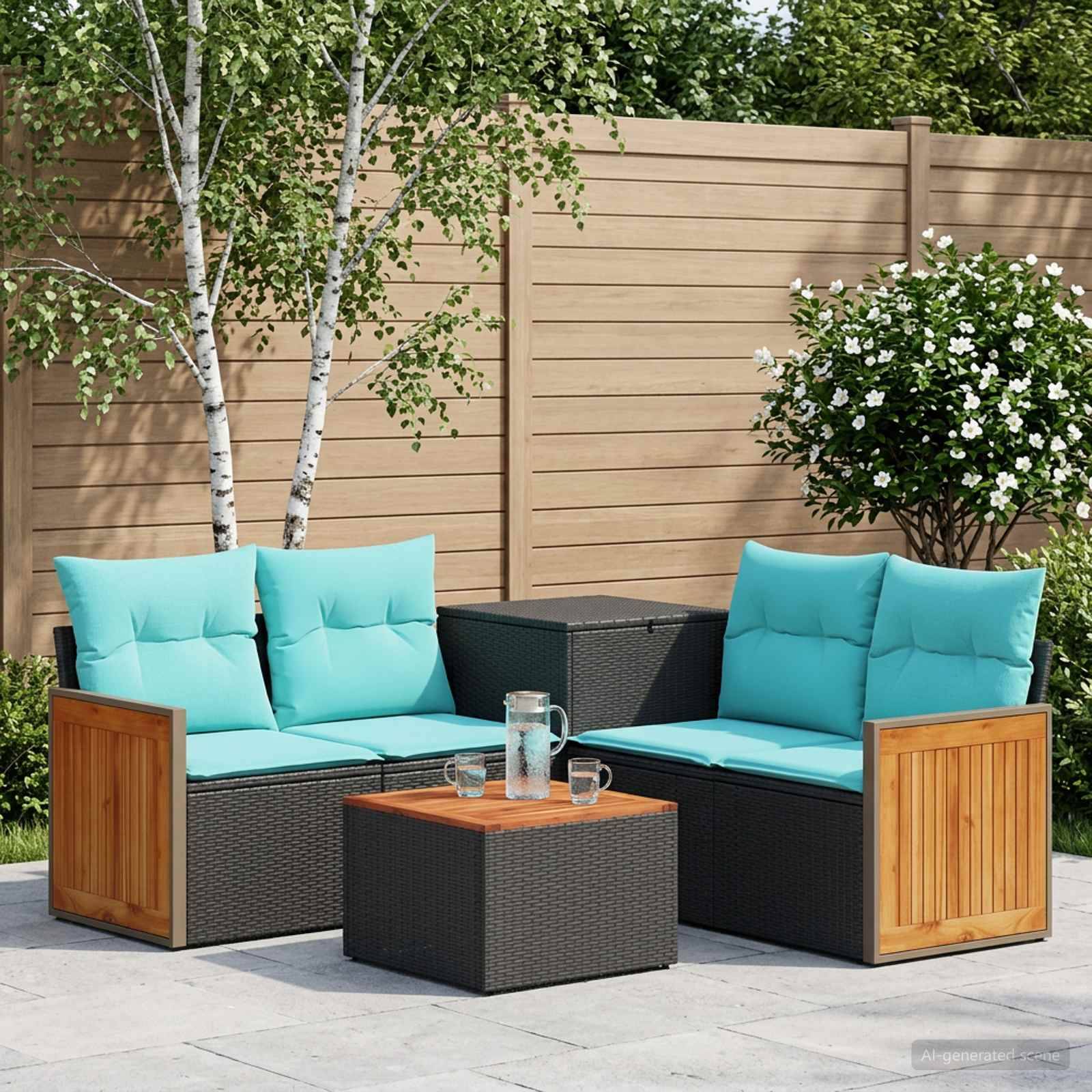vidaXL Sofa Sæt 6 stk. Sort og Blå 55 x 55 x 37 cm Poly Rattan og Stål