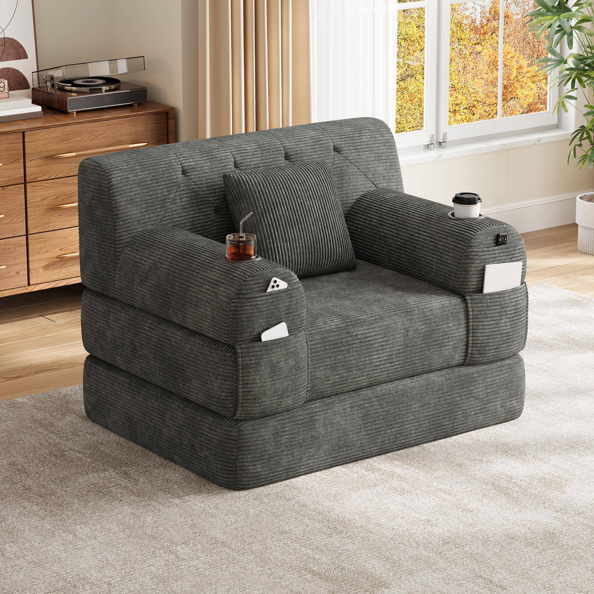 1-Seater Sleeper Sofa with High-Density Foam, Convertible Chair Bed for Living Rooms or Home Offices, 107L x 80W x 81H cm, Dark Gray Aosom UK