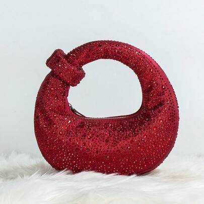 Elegant damkuvertväska med glittrande halvmåne, festväska med strassutsmyckning, Abacus-väska, lyxig kristallväska, glitterväska, liten festväska, int - Röd