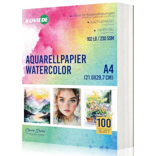 KOVIEDE 100 ark A4 akvarellpapper - 230 g/m² kallt pressat akvarellschetsblock, syrafritt papper för målning, utskrift, skanning och hantverk