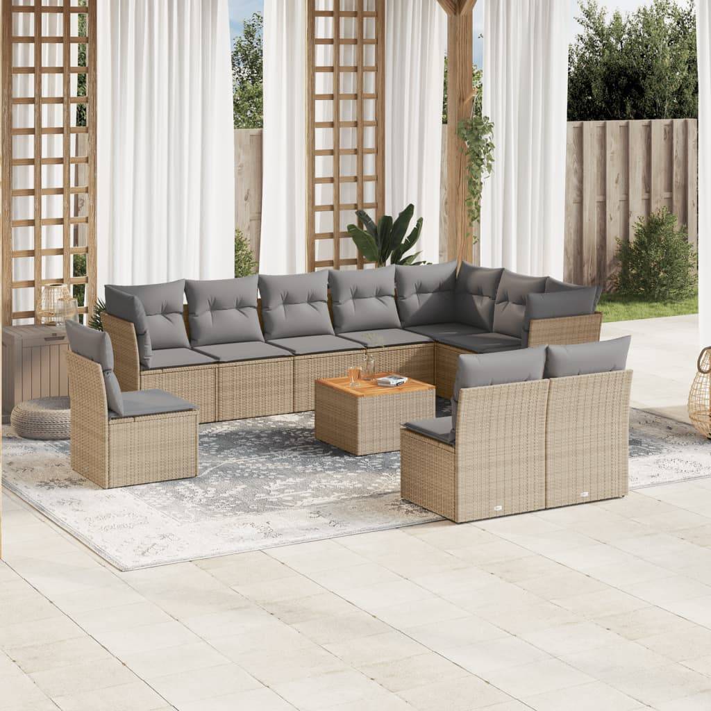 vidaXL havesofasæt 11 dele med hynder polyrattan beige