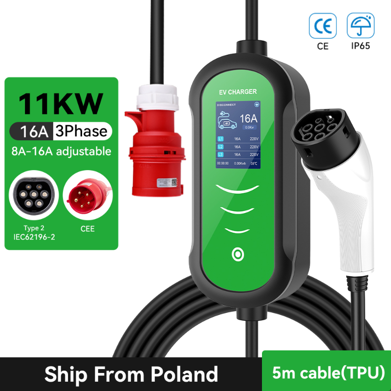 16A 11KW 3.5KW EV Charger Type 2 CEE Plug 7KW 32A 1Phase Adjust Current Timer Charging Box 3Phase Electric Car Charger 5m Cable