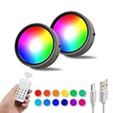 da LIGHT LED inbyggda lampor set om 2, RGBW spotlights med fjärrkontroll, trådlösa skåplampor med batteri, dimbar skåpbelysning svart för trappor vitrinskåp kök