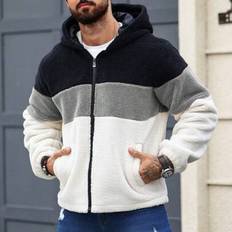 Men's Plain Color Patchwork Front Zip Up Casual Hoodie Jacket, Men Zip Up Hoodie, Men Fleece Jacket, Patchwork Hoodie, Men Sherpa Jacket, Color Block - Multicolor - L,M,S,XL,XXL
