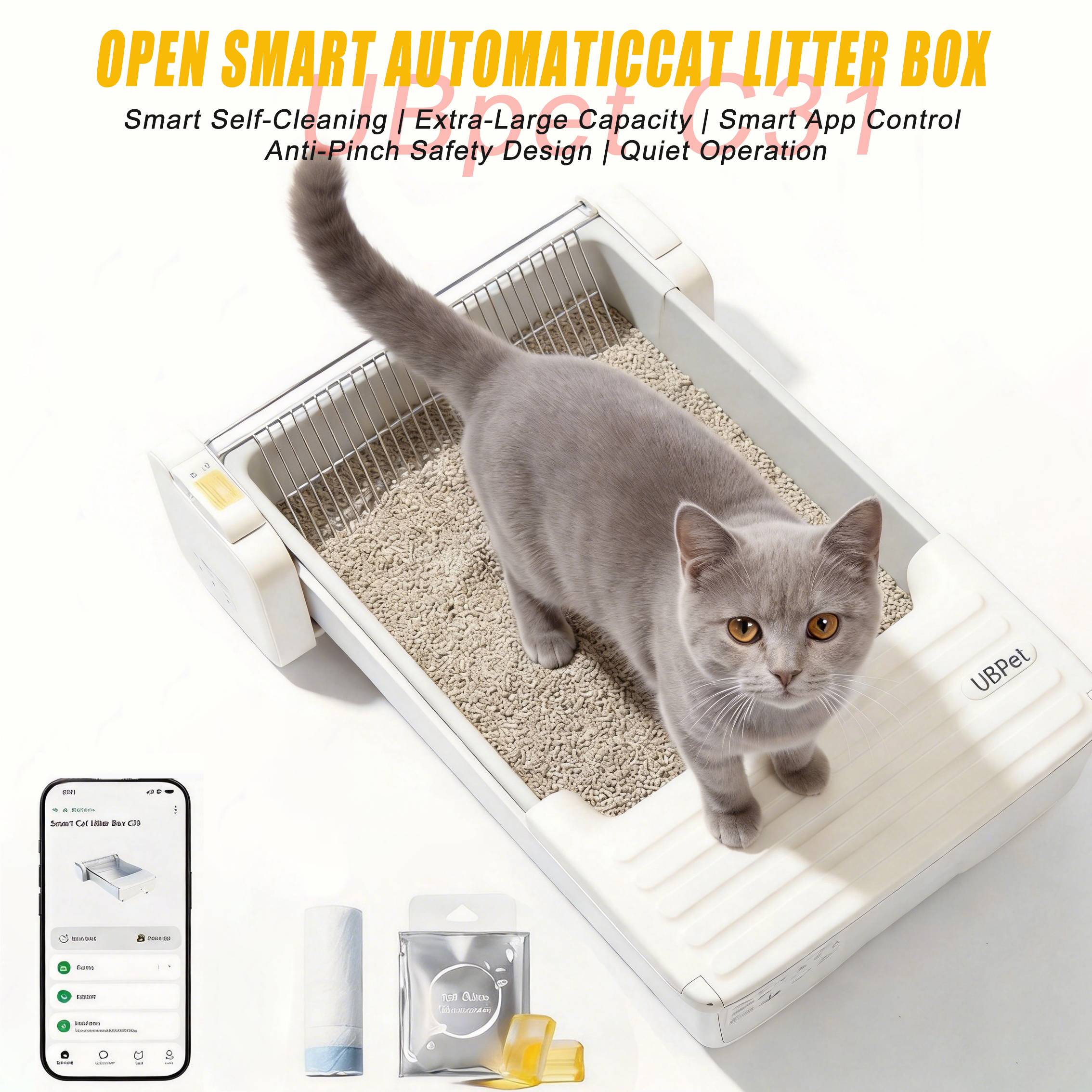 Open Automatic Cat Litter Box with Smart App, Self-Cleaning, Leak-Proof & Spacious for Large Cats,UBEPET Robotail C32