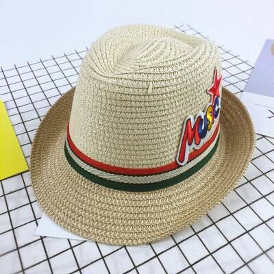 2-8 år gammalt barn sommar solskyddsmedel halmhatt brevbroderi färgmatchning casual cowboyhatt bebis pojke strandvisirmössa e11 - Beige