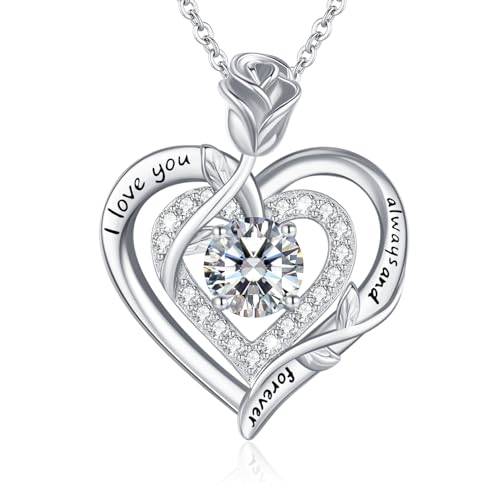 LAVUMO Moissanite Halskette Damen Silber 925,Moissanite Kette Damen Gold/Rosegold/Silber Doppel Herz Rose Anhänger Weihnachten Valentinstag Geburtstag Schmuck Geschenke für Frauen Freundin Mama (1)