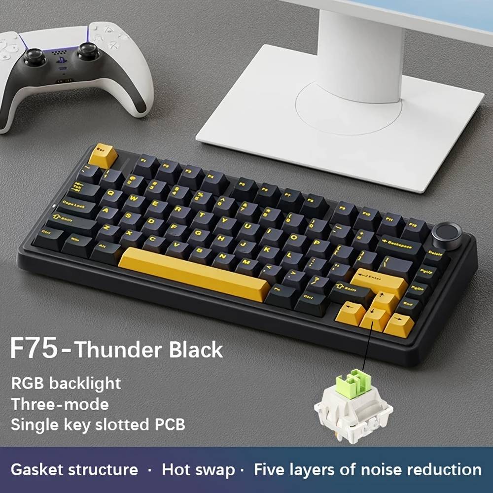 Aula F75 Pro Keyboard, 75% Wireless Hot Swappable Gaming Keyboard With 5 Pads And Knobs, Bluetooth/2.4ghz/usb-c, Rgb Thunder
