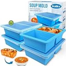 Walfos 1-kopp, stor silikonsoppa, frysbricka med lock, 4-pack, sopp- och frysbricka, för mat, barnmat, frysbrickor, behållare för förvaring och frysningssoppa, buljong, sås och is