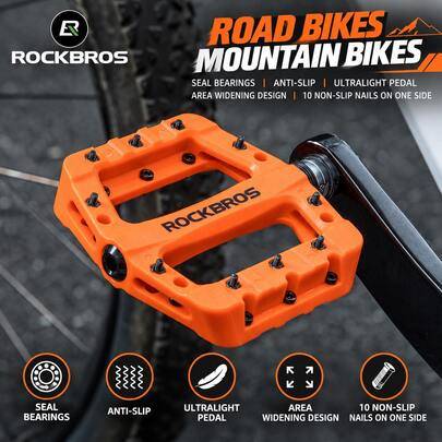 ROCKBROS 1 par mountainbikepedaler: lätta plattformspedaler i nylonfiber med halkskydd, 9/16 tum hållbara cykelpedaler, tillbehör för mountainbike och - Multifärgad (svart,rosröd,blå,orange färg)