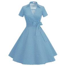 Timormode klänning 50-tal Audrey Hepburn Rockabilly Swing, veckad kortärmad klänning, Ljusblå, L
