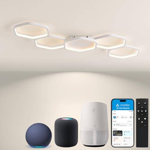 Yuanfenghua Matter Smart LED Deckenleuchte,Deckenleuchten Work with Alexa,HomeKit,Google and IFTTT,48W 3000-6500K Deckenlampe mit Fernbedienung für Schlafzimmer,Wohnzimmer,90cm,Weiß