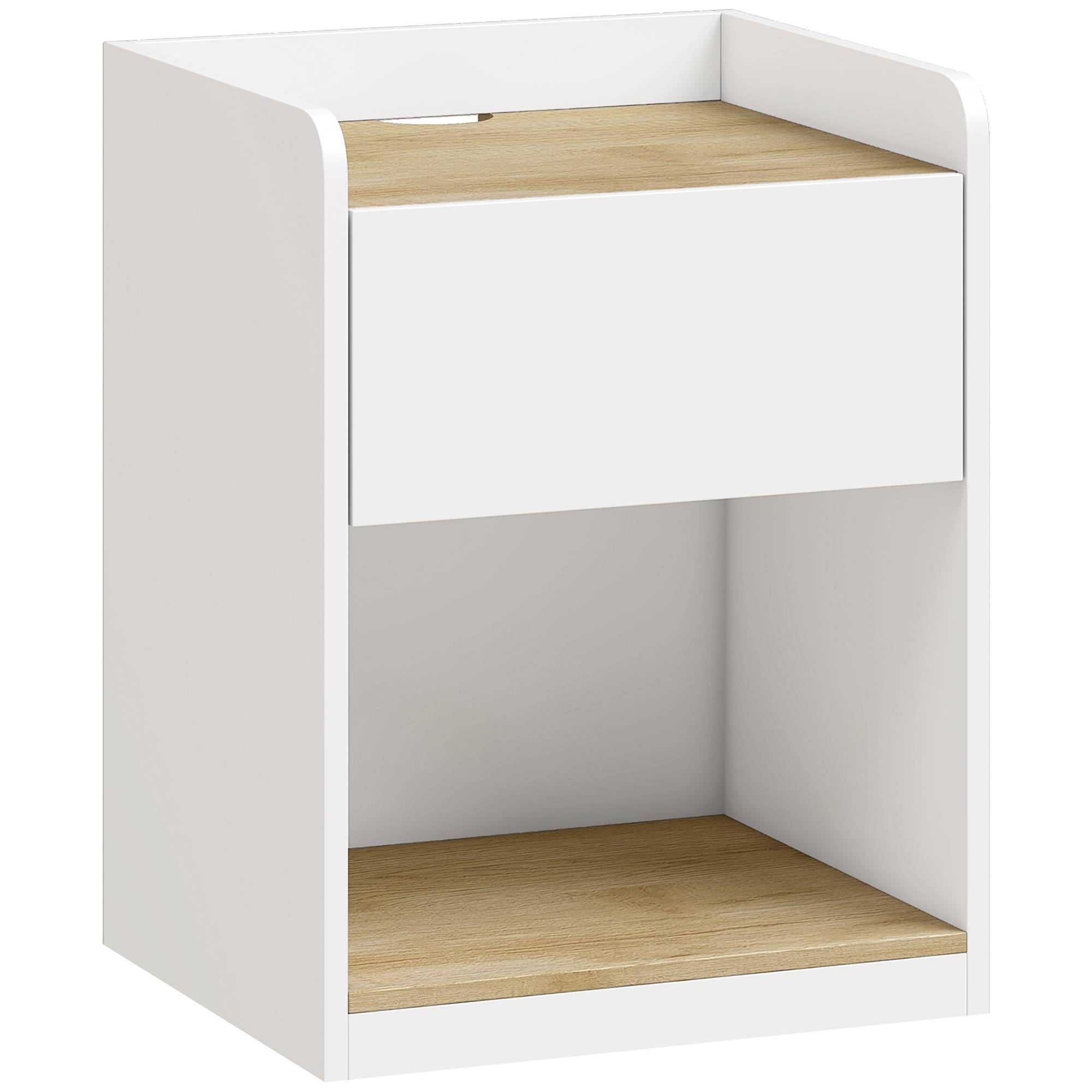 HOMCOM Modern Bedside Table, Slim Nightstand with Drawer, Shelf and Cable Holes, White and Oak