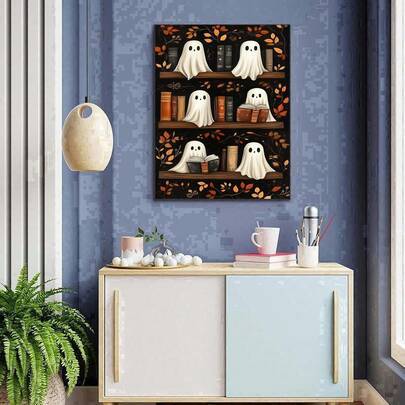 Halloween söt spökbokhylla diamantmålning-kit, höstlöv vintage bok diamantkonst, full rund borr DIY ädelstensmålning för väggdekor, present till bokäl (30*40,40*50)