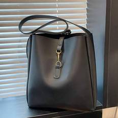 Retro Metal Decor Shoulder Bucket Bag, Casual Tote Handbag, Large Capacity Women Commuter Bucket Bag, Solid Color Shoulder Underarm Bag, 2025 New Arri - Black - one-size