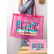 Pink Mesh Beach Bag ,Nylon Material Alphabet Printed Beach Mesh Tote Bag With Large Capacity,Beach Tote Bag,Bow Element Beach Bag,Summer Bag,Use Tt Yo - Pink