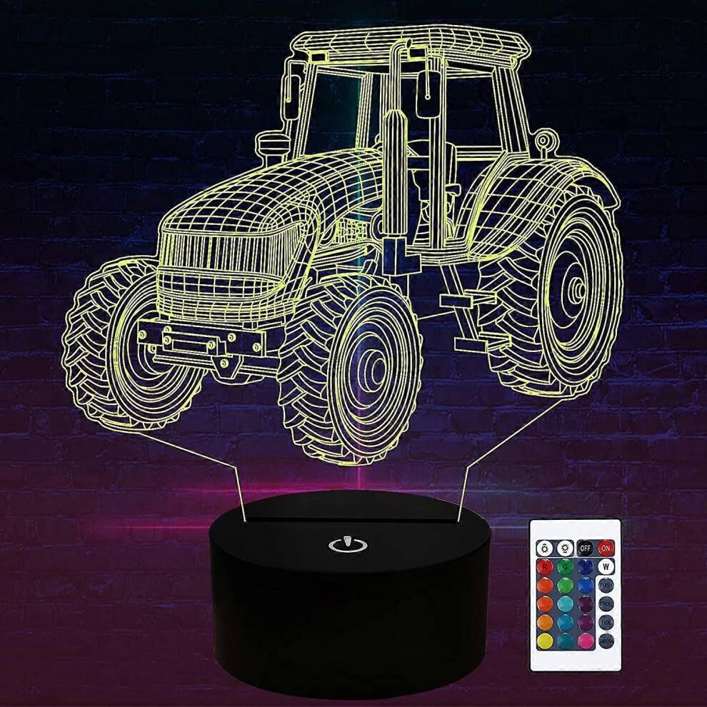 Traktor 3D nattlampa, illusionslampa för flickor, pojkar, män och kvinnor, 16 färgbyte med fjärrkontroll