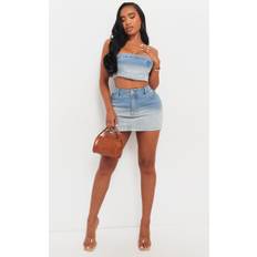 Shape Light Blue Washed Denim Low Rise Mini Skirt, Light Blue - 12