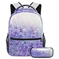 Lavendel Flower Mauve skolväska set för tonårstjejer pojkar barn, student bokväska ryggsäck ryggsäck med pennfodral för primär sekundär junior, mång, Backpack: 11.5x8x16 in; Pencil Case: 7.5x3x1.5in, Set med skolväskor