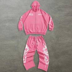 Herr Plus Size Letter Print Långärmad Zip-Up Tröja och träningsbyxor Casual Set, höst/vinter - Rosa - 2XL,3XL,4XL,5XL,6XL