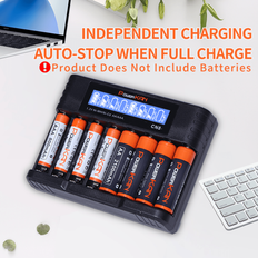 CN8 AA AAA-batteriladdare, 8 platser kan ladda 1-8 AA AAA-batterier samtidigt Utström 500mA*1 och USB-C-ingång LCD-batteriladdare för 1,2V Ni-MH/Ni-CD - Svart