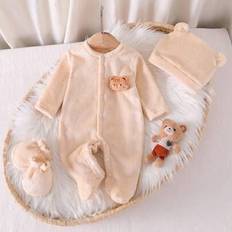 Nyfödd Gul Minimalistisk Mode Spädbarn Långärmad Romper Med Mössa Och Vantar 3-delars Set, Vardagskläder - Aprikos (6-9M,0-1M,1-3M,3-6M)