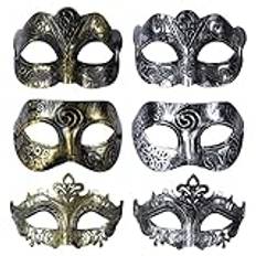 AWAVM Venetiansk maskeradbal masker för män, ansiktsmask för fest, maskeradbal, maskerad boll, halloween 6 st (silver, guld)