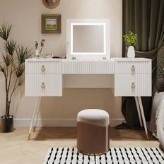 Elegant vitt sminkbord med LED-spegel, justerbar ljusstyrka, 4 lådor, lyxiga guldpläterade metallben, stabila och lätta att rengöra – perfekt för alla sovrum.