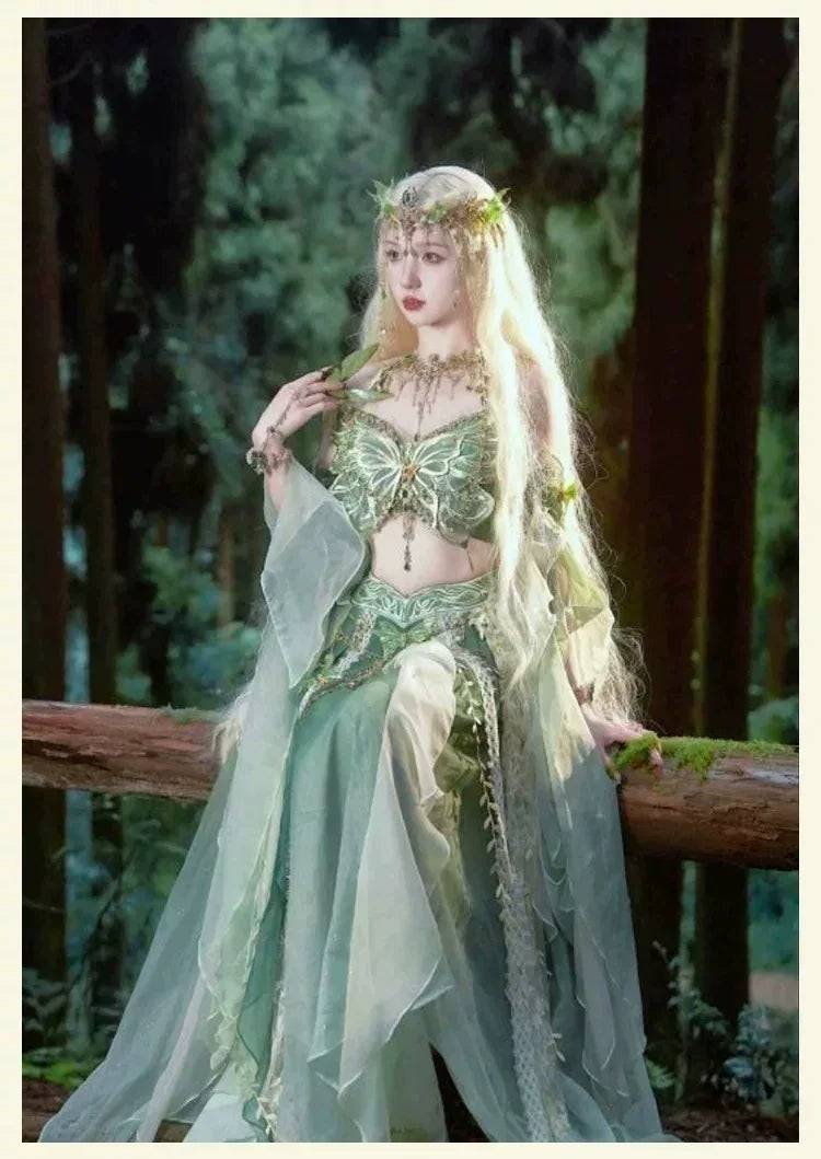 Butterfly Hanfu-Inspired Fantasy Costume Set – 6 Colors - Green complete set – $157 / M (M)