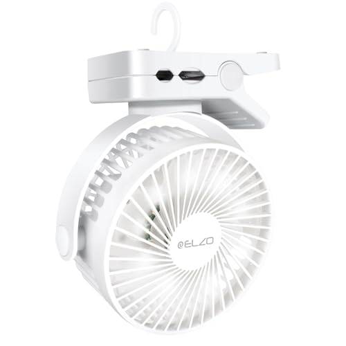 ELZO 12000mAh Camping Ventilator, Wiederaufladbarer Tischventilator USB Mini Ventilator mit LED Licht & Haken, 360° Drehung Leise mit Fernbedienung