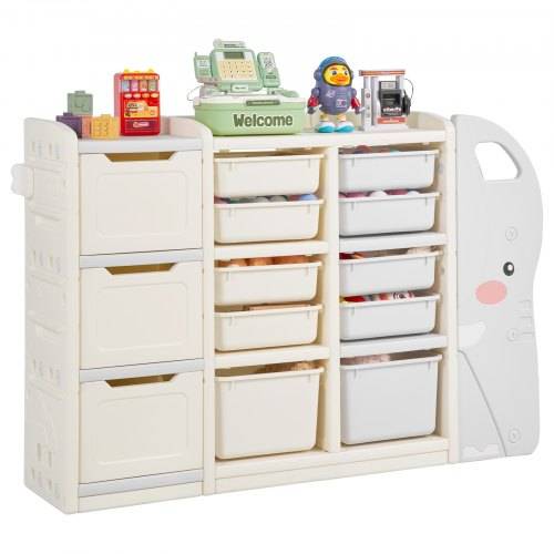VEVOR Kids Toy Storage, 4-Tier Elephant-Shape Toy Storage Organizer with 10 Plastic Movable Bins, Kids Cubby Cabinet Made from HDPE for Study Room, Bedroom, Playroom, Classroom, Nursery, Gray + Beige