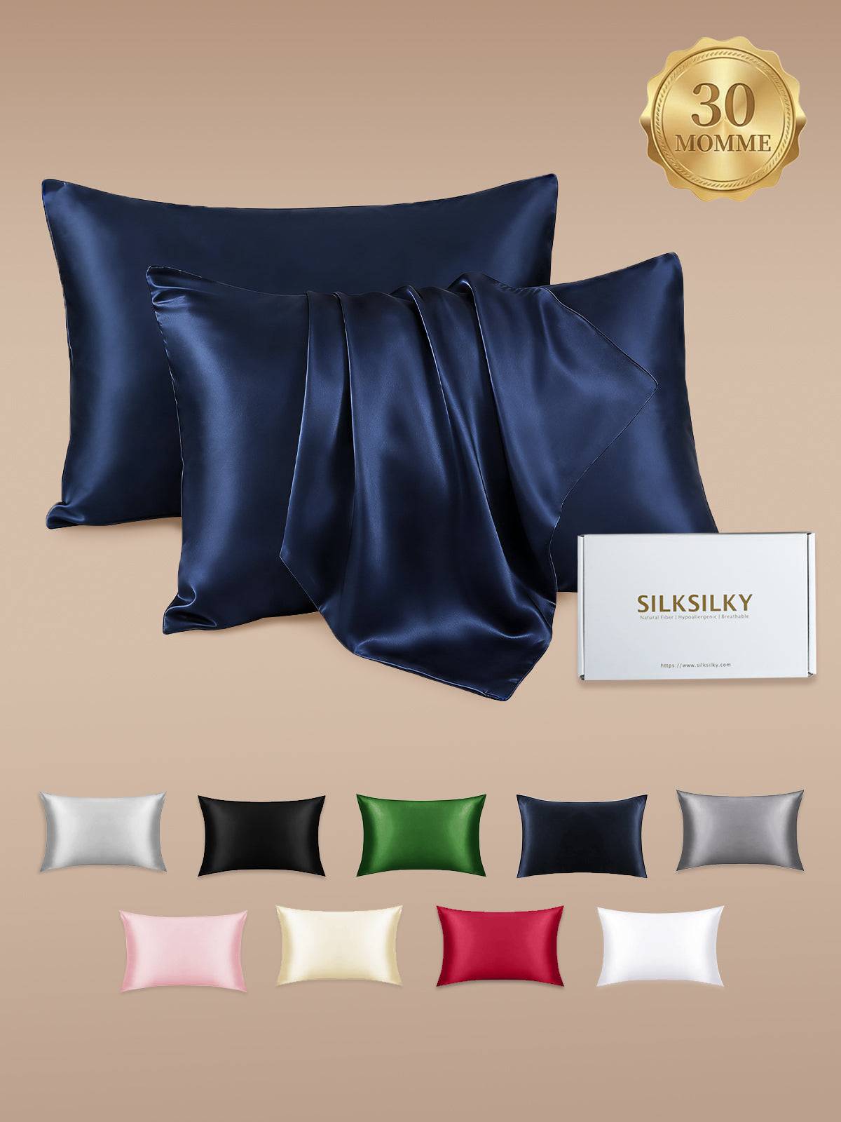 2st 30Momme 100% Silke Örngott Bundle- Dold Dragkedja - Mörkblå / 50x90cm