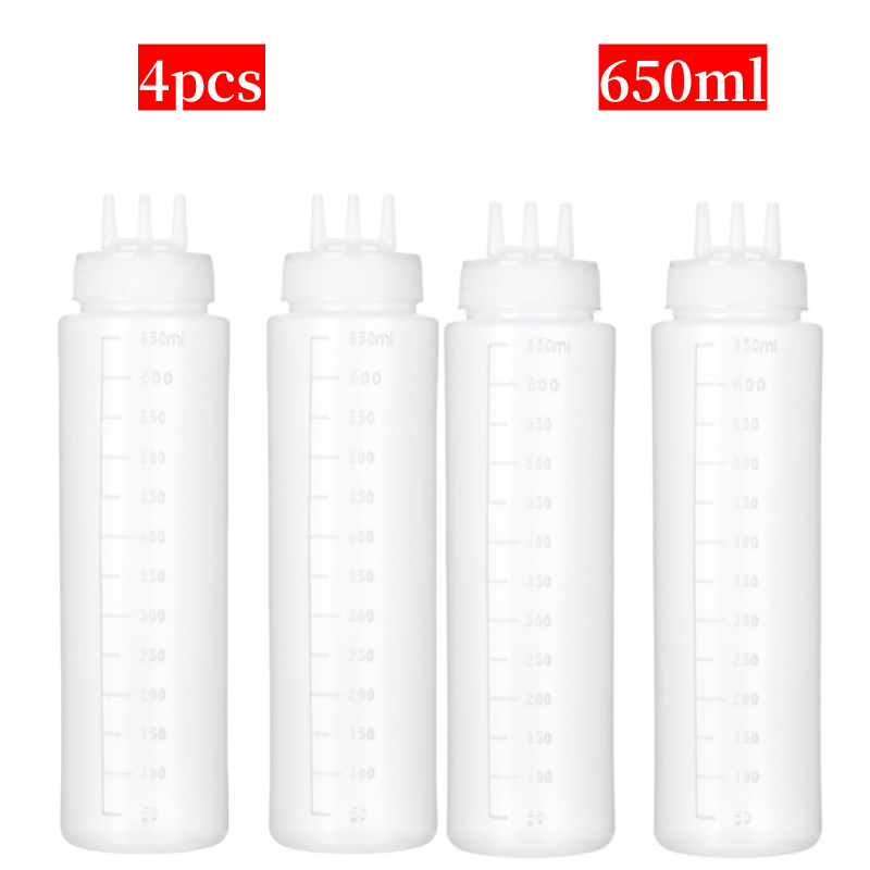 4pcs Dressing Squeeze Bottle 3-hole Sauce Squeeze Bottle, Dressing Squeeze Bottle, 300/400/500/650ml Salad Dressing Dispenser, Ketchup , Dressing Bottle Festival Party Tomato Sauce Squeeze Bottle