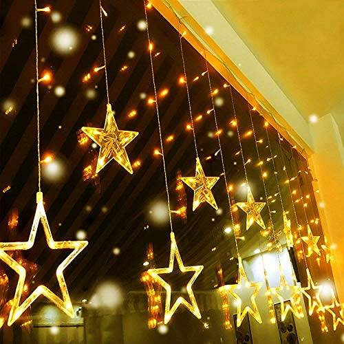 Quntis 138 LED 2m 12 Star String Lights Stjärnridå Varmvit, Expanderbar Julbelysning Inomhusfönster, IP44 Ljusridå Elektricitet Drift Utomhus, 8 lägen Juldekoration för Rum Balkong