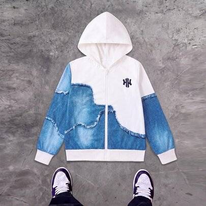 Hooded zip-up jacka för tonårspojkar med denimeffekt, råa kanter och print, personlig patchwork-design med digitalt tryck, lös passform med drop shoul - Vitt (14Y,12Y,13Y,16Y,15Y)