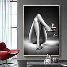 DHHXY Mordern Girl Leg rött vinglas giclee kanvastryck stora inramade målningar väggkonst kvinna vinglas bilder tryck inramad kanvas konst affischer 70 x 100 cm guldram