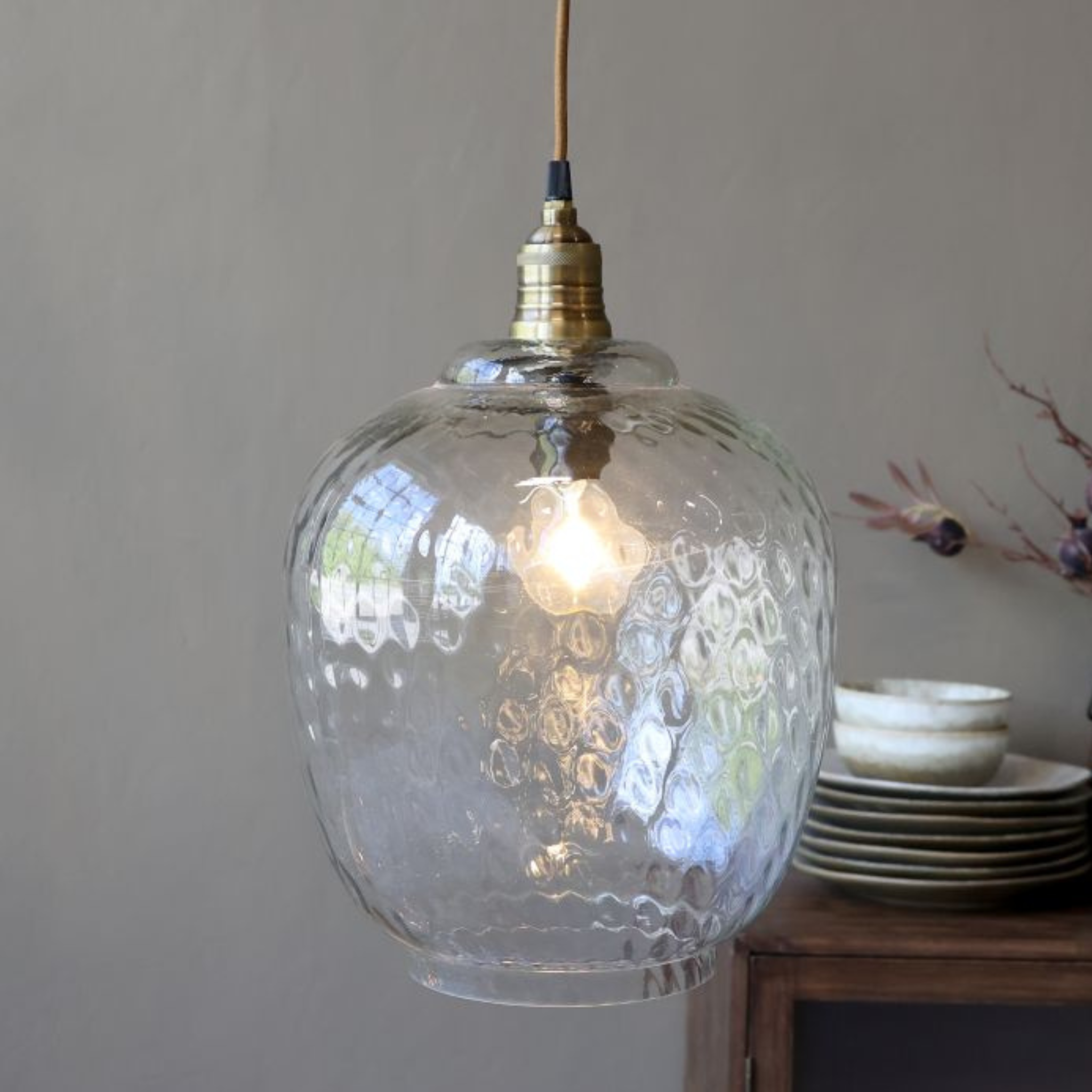 Glas loftlampe med messingtop H39 cm - Chic Antique