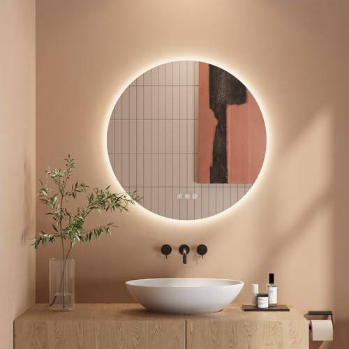 Dripex Badezimmerspiegel Led Badspiegel Rund, Touch-Schalter, Dimmbar, 3 Lichtfarbe Einstellbare Spiegel Bad mit Beleuchtung, Wandspiegel mit Licht, Beschlagfrei 60x60 cm