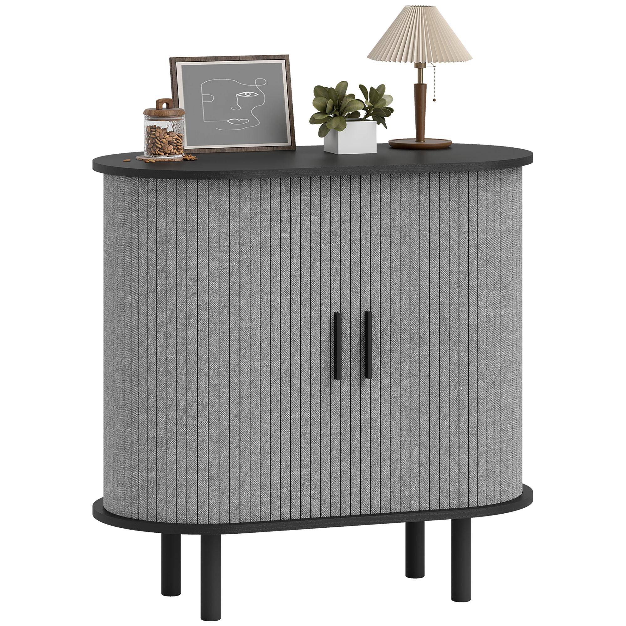 Tambour Sideboard With Fluted Sliding Doors Modern Kitchen Cupboard With Storage Shelves And Wooden Legs Grey