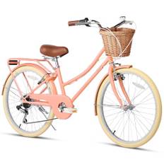 Glerc Missy 24 tum flicka kryssare ungdom tonåring kvinna cykel 6-växlad tonåring hybrid stad cykel för ungdomar ålder 12 13 14 15 år gammal med pilkorg och lätt, persika
