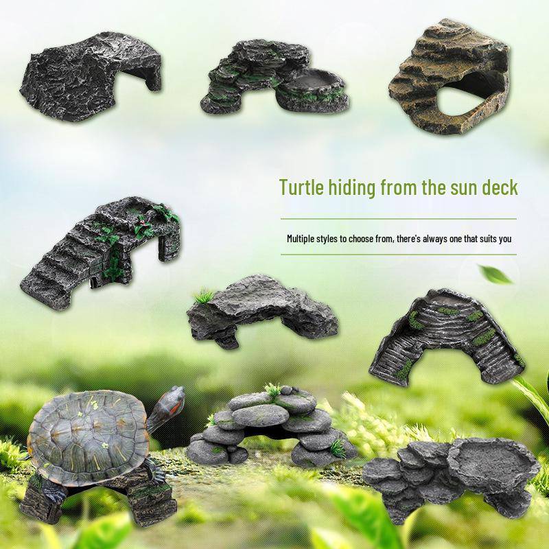 Akvarium Sköldpadda Solplattform & Reptil Gömställe Klippdekoration black