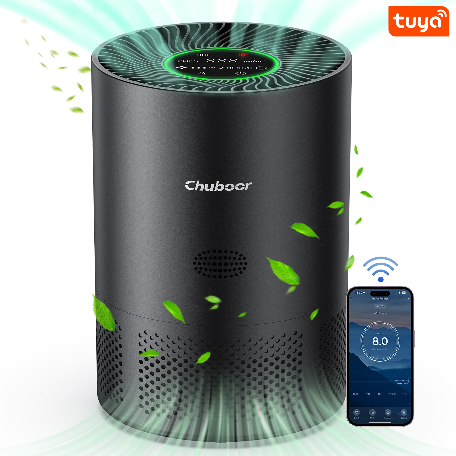 Chuboor Air Purifiers for Home H13 True HEPA for Bedroom Room Kitchen Washroom for Smoke and Dust Pollen Odors PM2.5 Detection 185m³/h CADR Supports Tuya App for 30-40 Square Meters of Clean Purifier