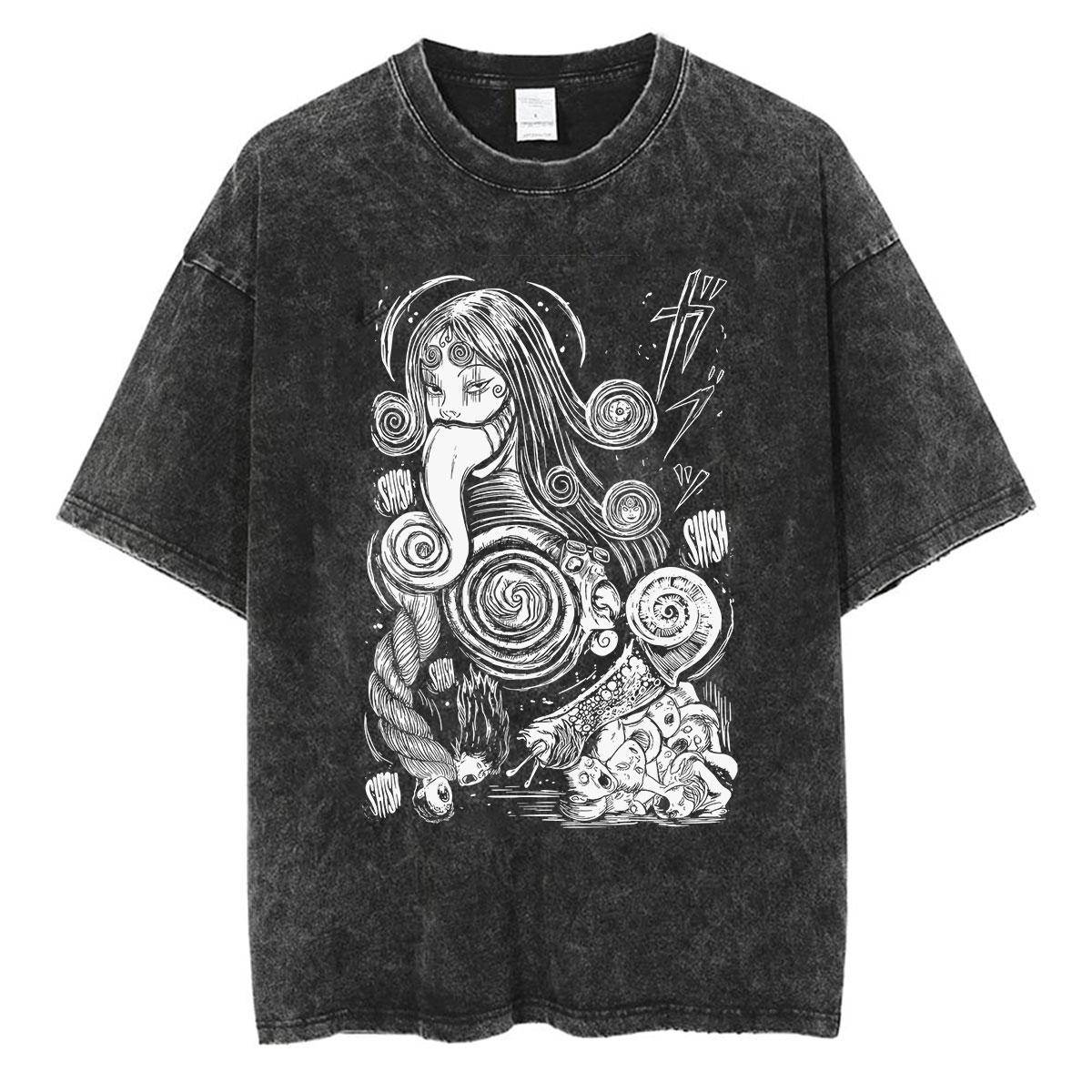 Anime Tomie Junji Ito Vintage Washed T Shirt Japanese Horror Manga Men Women T-shirts Casual Cotton Short Sleeve Tees Streetwear cm black